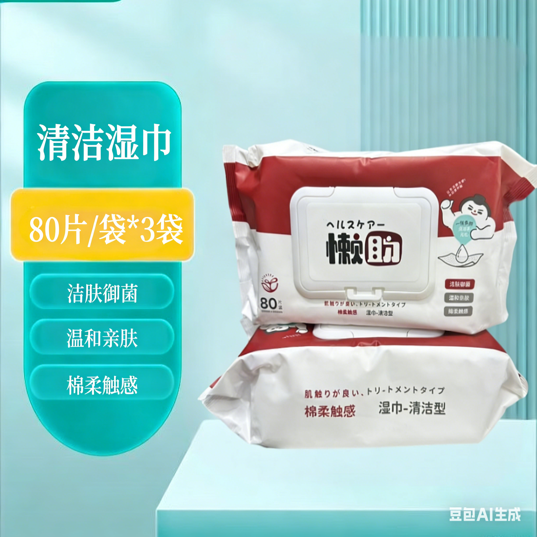 包邮3包~懒助 清洁湿巾 80片/袋 洁肤御菌 温和亲肤 棉柔触感