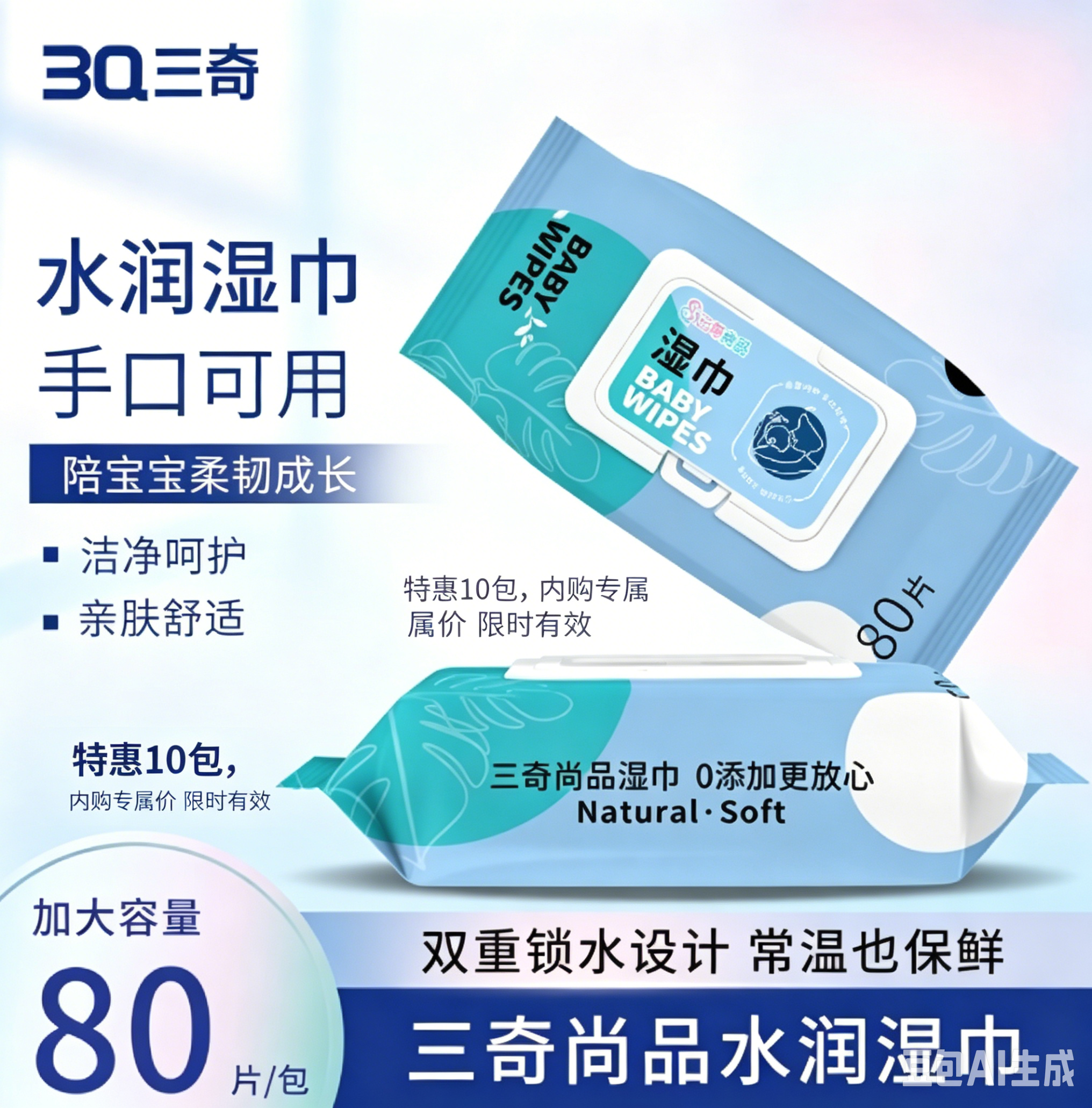 特惠10包！三奇尚品水润湿巾 80片/袋